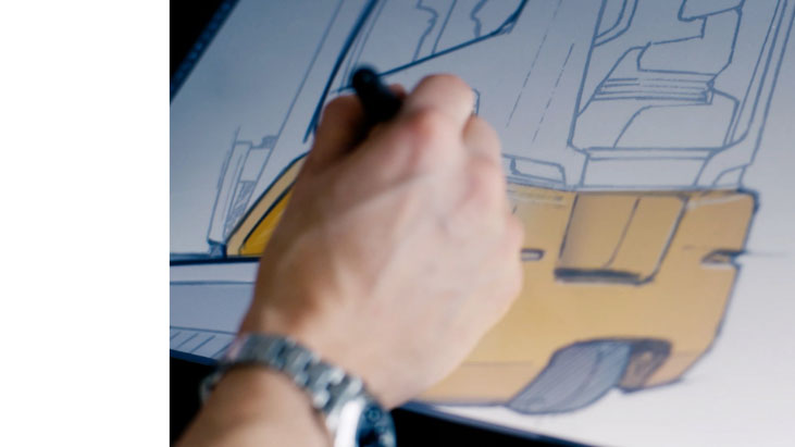 Hand on canvas drawing a Jungheinrich truck