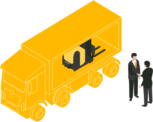 Illustration of people shaking hands in front of a van carrying a fork lift